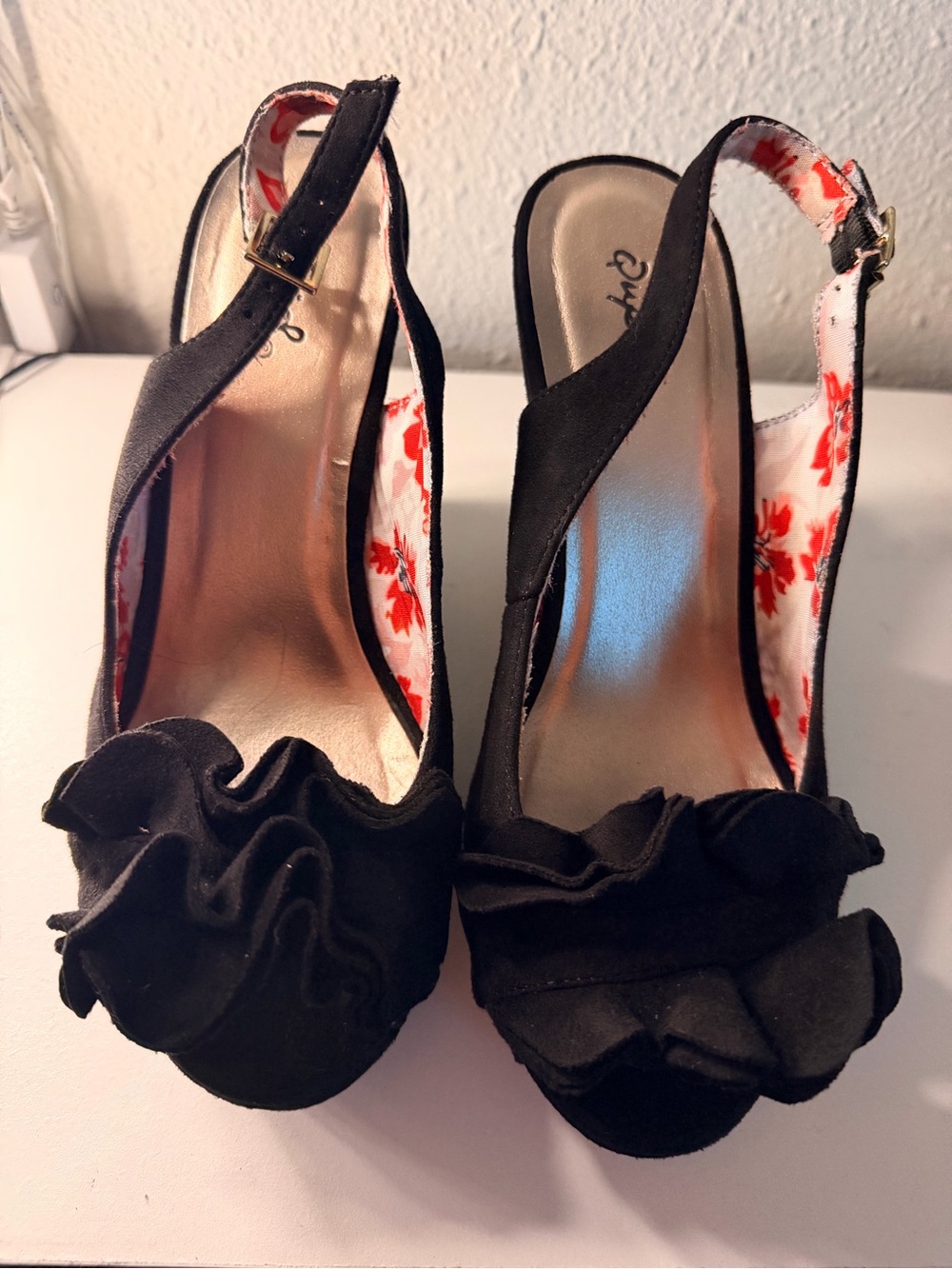 Qupid Black Ruffle Peep-Toe Slingback Heels
